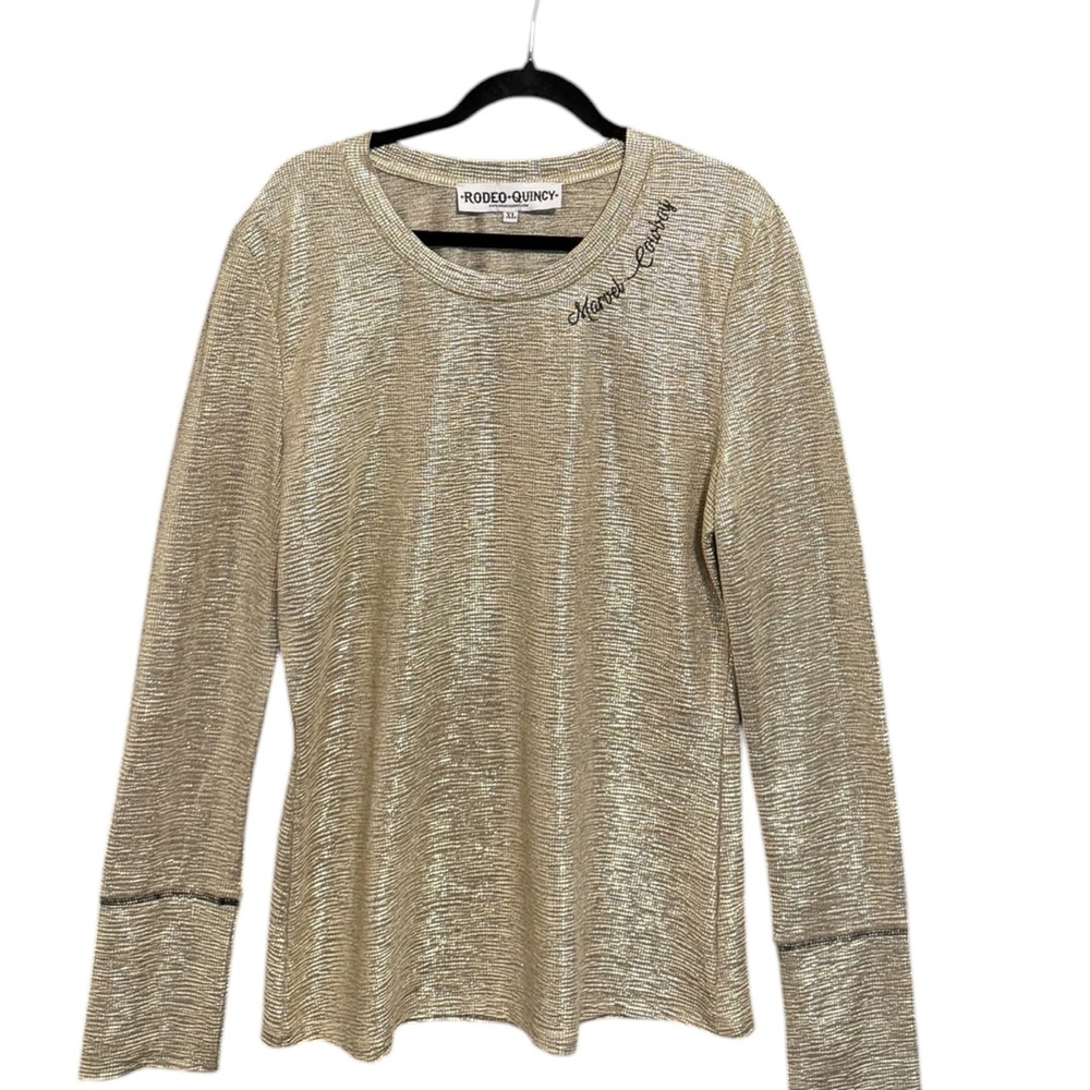 Rodeo Quincy Marvel Cowboy Metallic Gold Long Sleeve Top Shimmer Western XL